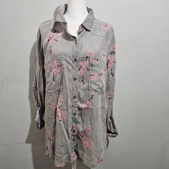 Billy T Other - Billy T gray lyocell button-down blouse featuring an all-over pink cherry blosso